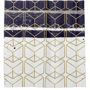 Cortina De Ducha Hexágono Moderno Azul Marino Dorado Geométrico Gla
