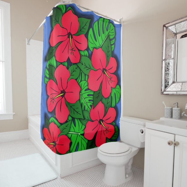 Cortina De Ducha Hibisco Rojo & Monstera (In situ)