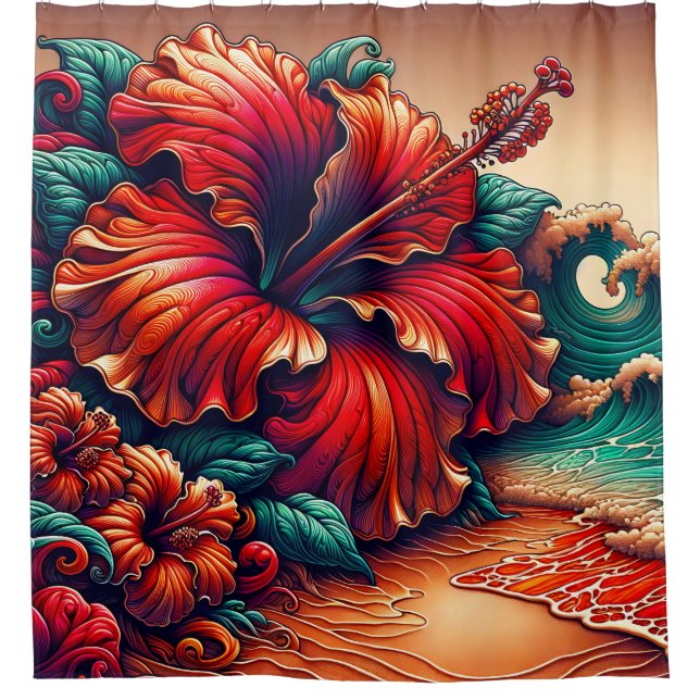 Cortina De Ducha "Hibiscus and Ocean Waves - Vibrante arte floral" (Anverso)