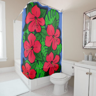 Cortina De Ducha Hibiscus rojo y Monstera