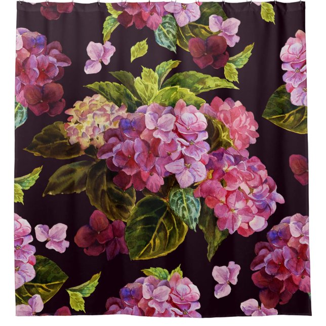Cortina De Ducha Hidrangea, patrón floral oscuro y sin fisuras. (Anverso)
