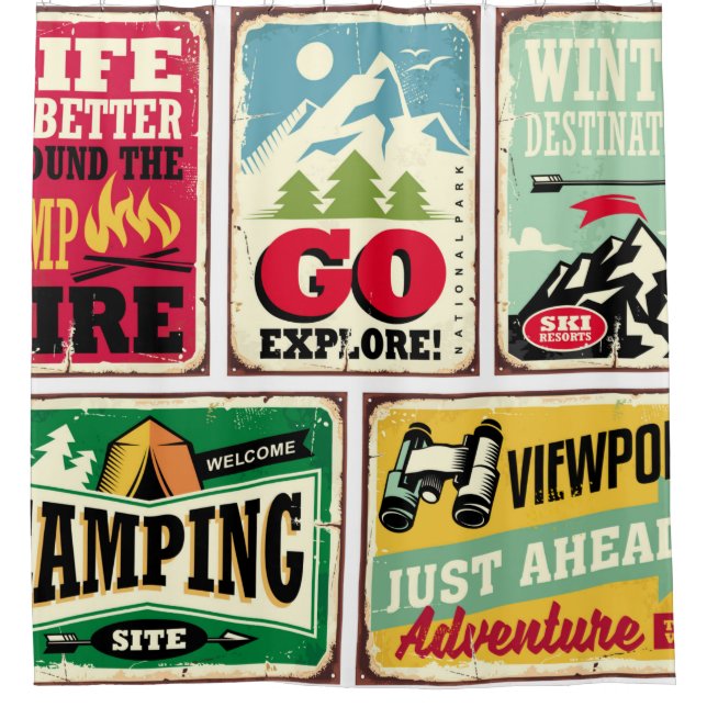 Cortina De Ducha Hiking and camping retro signs collection. Outdoor (Anverso)