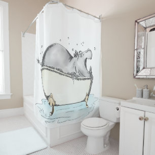 Cortina De Ducha Hippo Bath Fun Ilustracion acuarela