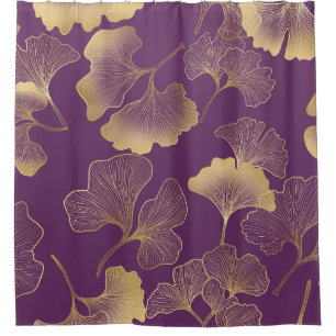 Cortina De Ducha Hojas de Ginkgo doradas de lujo sobre fondo púrpur