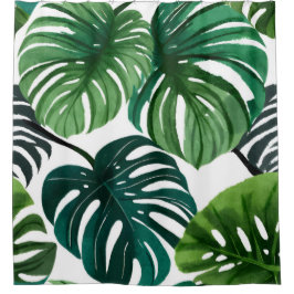Cortina De Ducha Hojas de Monstera Botánico Tropical Acuarela