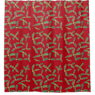 Cortina De Ducha Hojas holly con flores amarillas en Navidades rojo