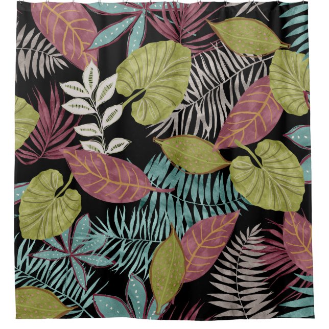 Cortina De Ducha Hojas oscuras tropicales: Diseño de patrones texti (Anverso)