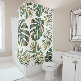 Cortina De Ducha Hojas tropicales con estampado verde azulado y dor