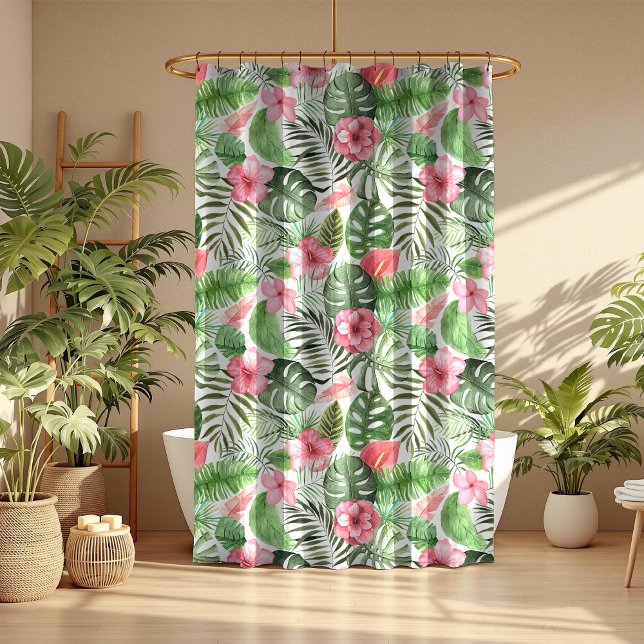 Cortina De Ducha Hojas y flores tropicales (Tropical Leaves and Flowers Shower Curtain in a boho mocha bathroom with tropical botanicals.)