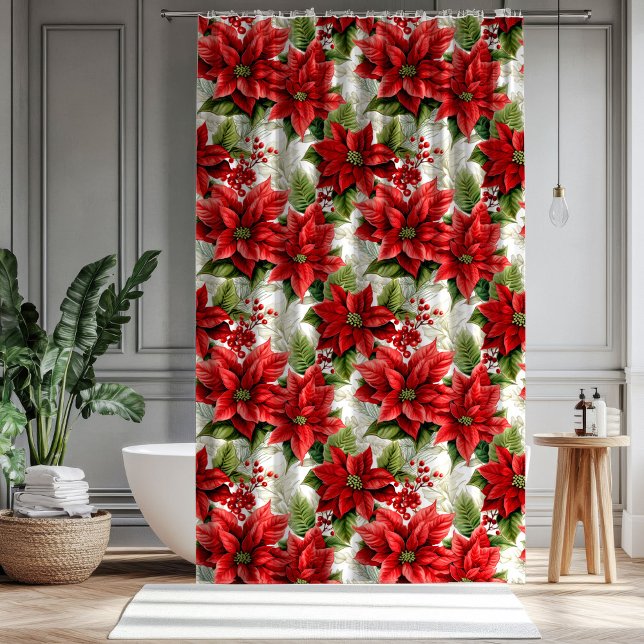 Cortina De Ducha Holiday Floral Curtain Red Poinsettia Décor (Holiday Floral Curtain Red Poinsettia Décor)