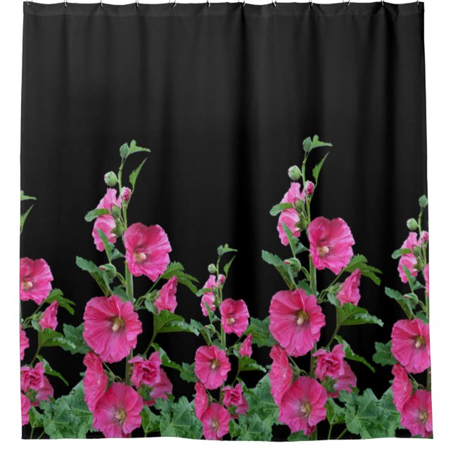 Cortina De Ducha Hollyhocks rosados sobre negro (Anverso)