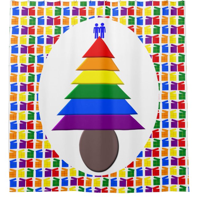 Cortina De Ducha Hombres gay arcoiris Árbol de Navidad y regalo (Anverso)