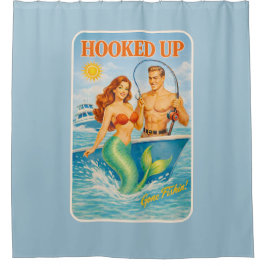 Cortina De Ducha Hooked Up Retro Pin-Up Mermaid | Fishing Boat Blue