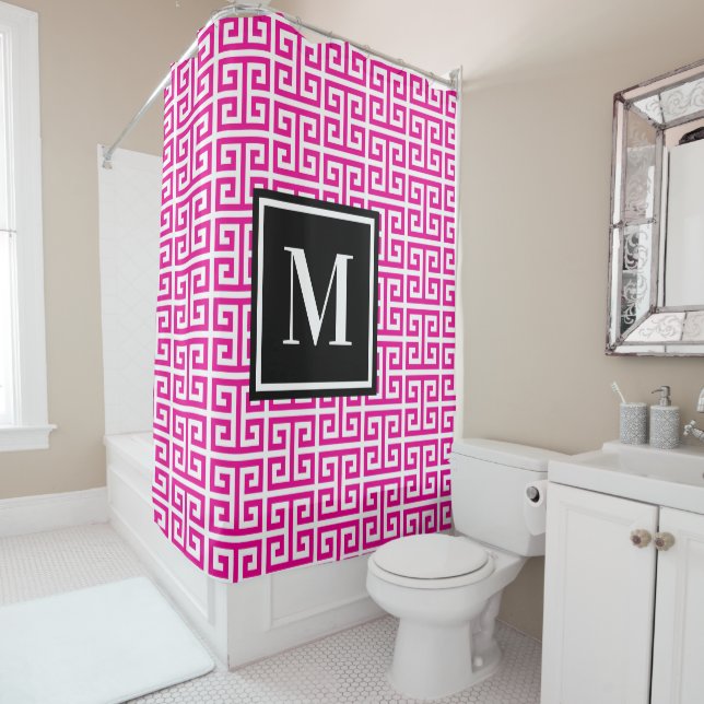 Cortina De Ducha Hot Pink Greek Key Black White Monogram (In situ)