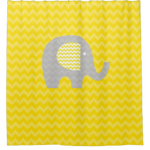 Cortina De Ducha Huella De Chevron Amarillo Con Elefante Gris