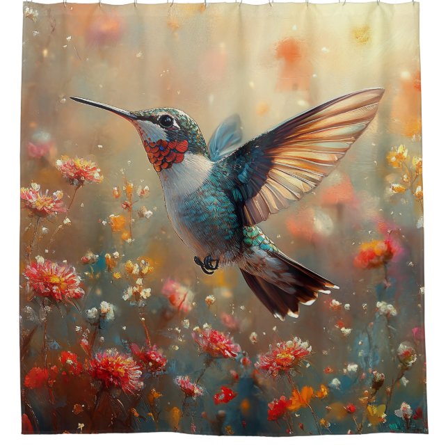 Cortina De Ducha Hummingbird Floral con trompeta de rubí (Anverso)