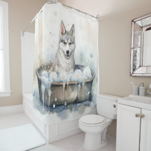 Cortina De Ducha Husky Siberiano En Bathtub Acuarela Arte De Perro