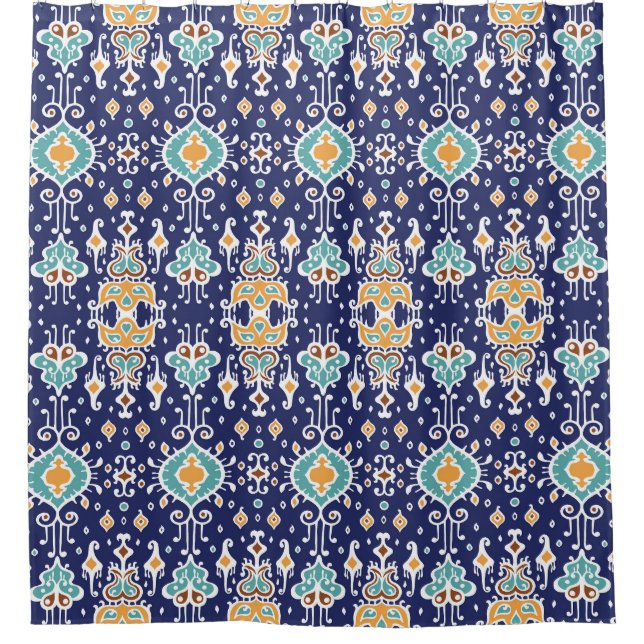 Cortina De Ducha Ikat Geometric: Ornamento Folklore Oriental. (Anverso)