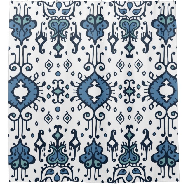 Cortina De Ducha Ikat, ornamento tribal, étnico sin costuras. (Anverso)