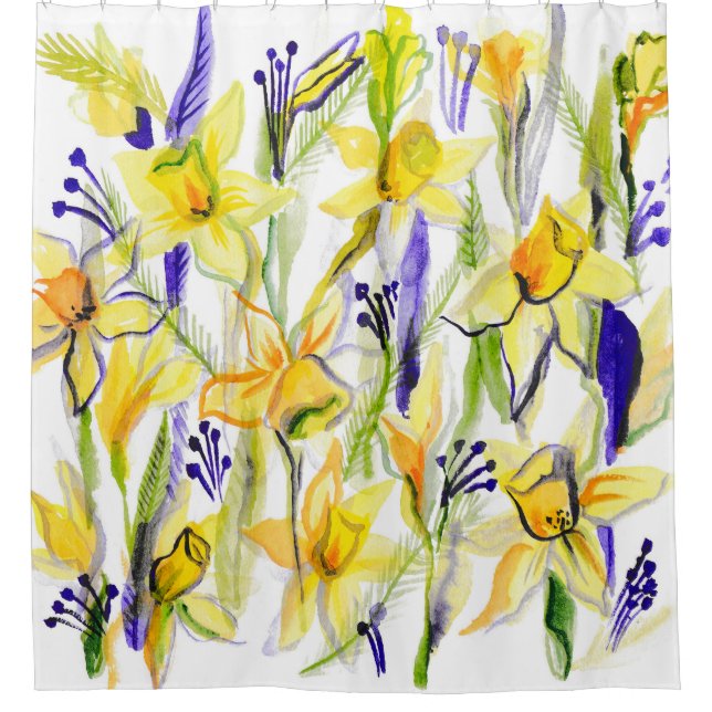 Cortina De Ducha Ilustracion acuarela de los Daffodils amarillos (Anverso)