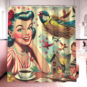 Cortina De Ducha Ilustracion Chica de Retro Kitsch de los años 50