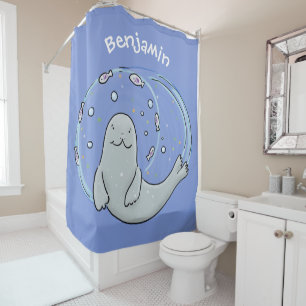 Cortina De Ducha Ilustracion de foca feliz y personalizado azul de 