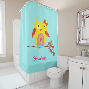 Cortina De Ducha Ilustracion rosa amarillo de búho blanco personali