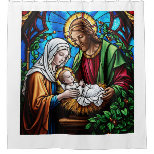 Cortina De Ducha Imagen de vidrio manchado de cristal de la familia