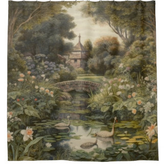 Cortina De Ducha Imágenes de cisnes del jardín inglés vintage mural