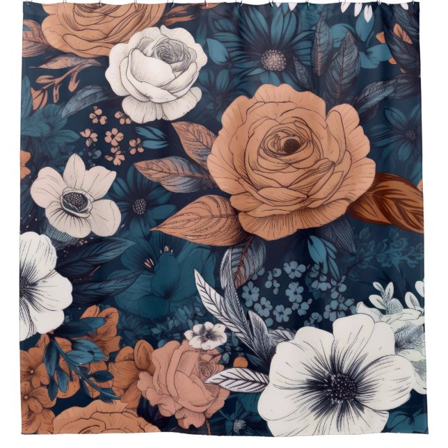 Cortina De Ducha Impresión floral Navy & Taupe Boho (Anverso)