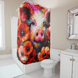 Cortina De Ducha Impresionante cerdo en flores de amapola roja