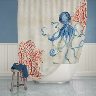 Cortina De Ducha Índigo Ocean Parchment Red Fan Coral Azul Octopus