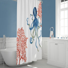 Cortina De Ducha Indigo Océano Rojo Ventilador Coral Azul Octocolor