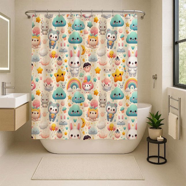 Cortina de ducha infantil caprichosa pastel de con (Kawaii Bunny Pastel Whimsical Kids Shower Curtain)