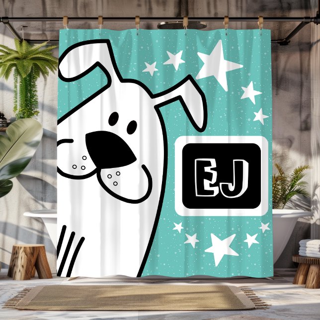 Cortina De Ducha Iniciales personalizadas Perro blanco y negro (Personalized Initials Black and White Dog Shower Curtain)