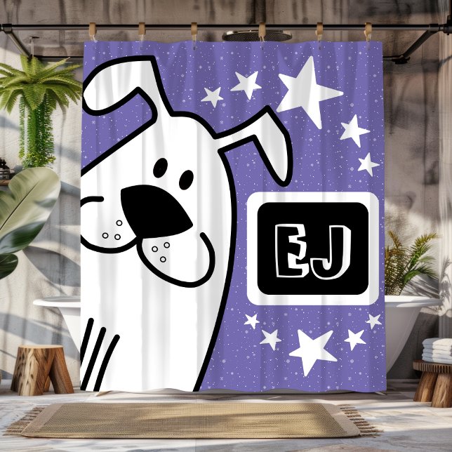 Cortina De Ducha Iniciales personalizadas Perro blanco y negro (Personalized Initials Black and White Dog Shower Curtain)