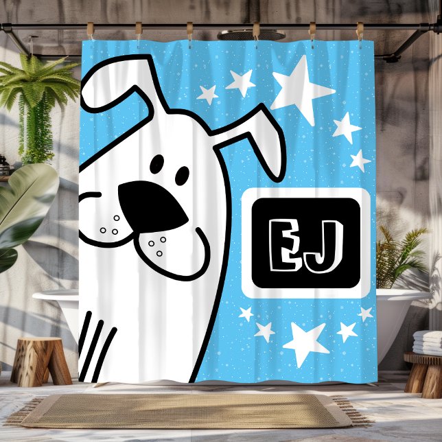 Cortina De Ducha Iniciales personalizadas Perro blanco y negro (Personalized Initials Black and White Dog Shower Curtain)