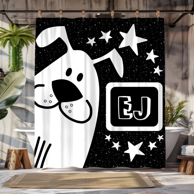 Cortina De Ducha Iniciales personalizadas Perro blanco y negro (Personalized Initials Black and White Dog Shower Curtain)