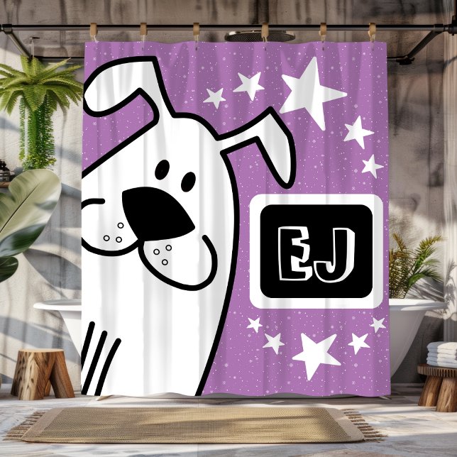 Cortina De Ducha Iniciales personalizadas Perro blanco y negro (Personalized Initials Black and White Dog Shower Curtain)