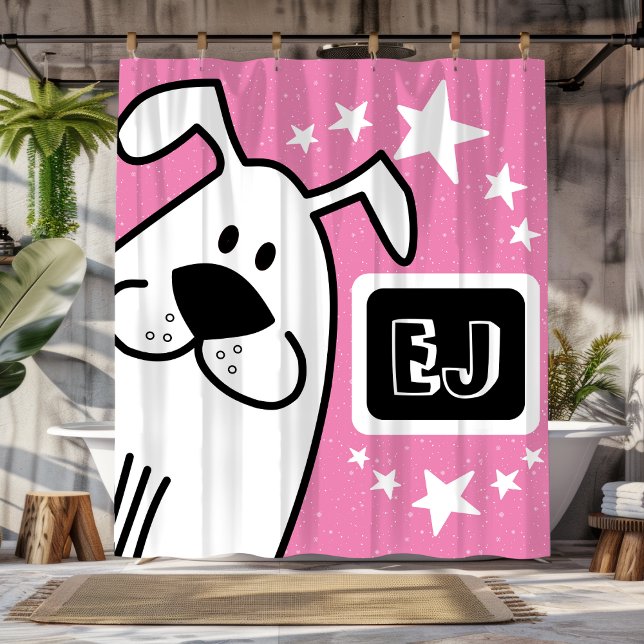 Cortina De Ducha Iniciales personalizadas Perro blanco y negro (Personalized Initials Black and White Dog Shower Curtain)