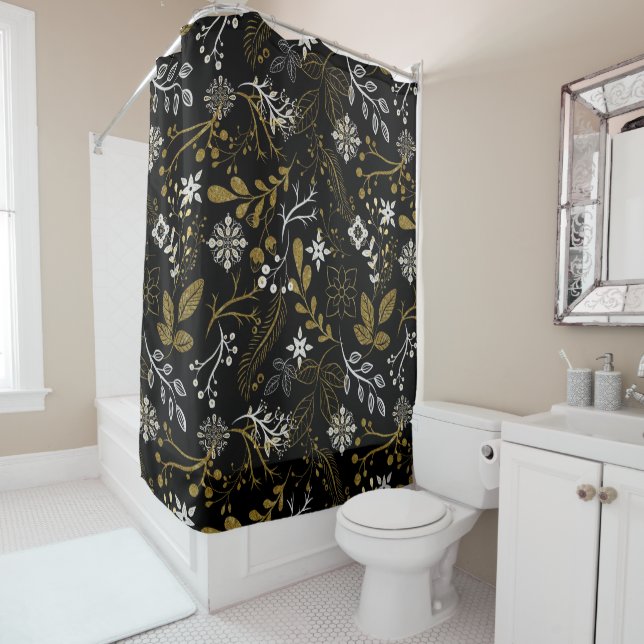 Cortina De Ducha Intricate floral pattern with gold and white  (In situ)