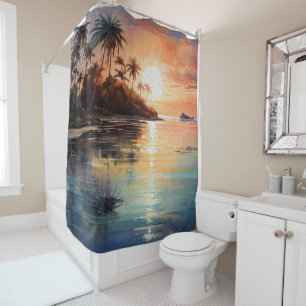Cortina De Ducha Islas Tropicales Palm Trees Ocean Beach Sunset