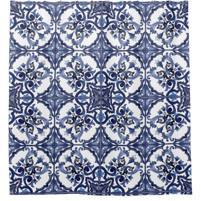 Cortina De Ducha Italian Blue & White Sicilian Majolica Tiles (Anverso)