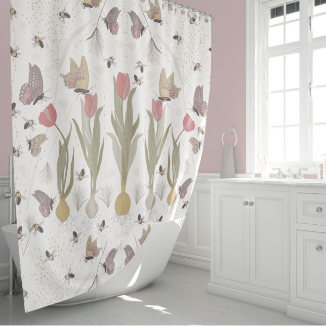 Cortina De Ducha Jardín de mariposas (Butterfly and Bumblebee Tulip Garden Shower Curtain From Jenn Steffen For Studio Posies.)