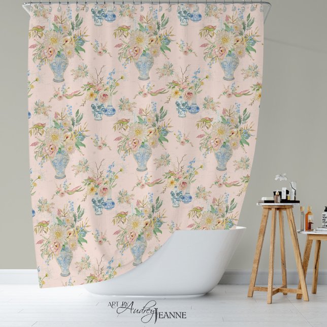 Cortina De Ducha Jarrón Floral Chinoiserie Rosa Desvaído Peonía Bañ (Subido por el creador)