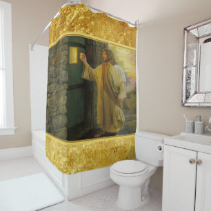 Cortina De Ducha Jesús en tu puerta con un diseño de Relieve metali