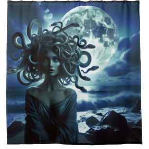 Cortina De Ducha Joven hermosa Medusa por la Luna y el Océano