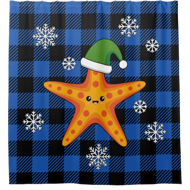 Cortina De Ducha Kawaii Navidad Starfish en patrón de búfalo azul (Anverso)