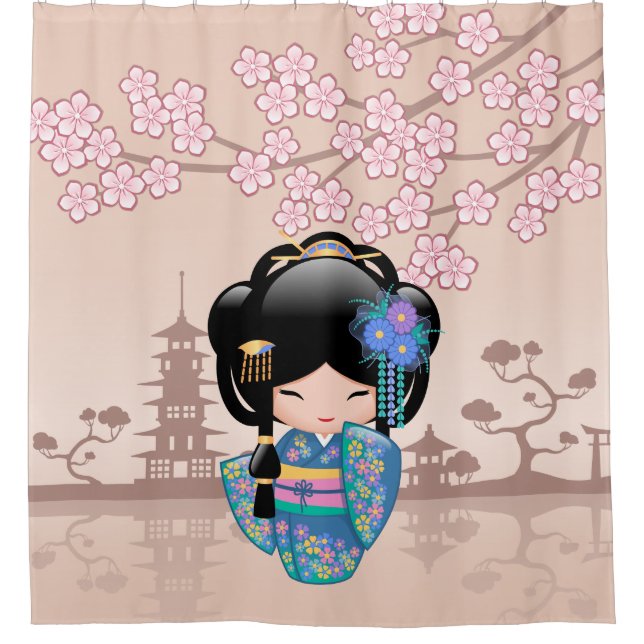 Cortina De Ducha Keiko Kokeshi Doll Azul Kimono Geisha Chica Beige (Anverso)