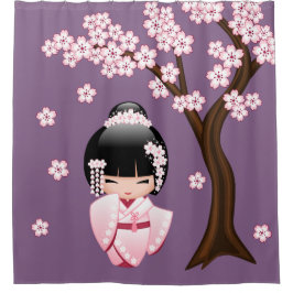 Cortina De Ducha Kimono rosa muñeca Kawaii Kokeshi sobre púrpura